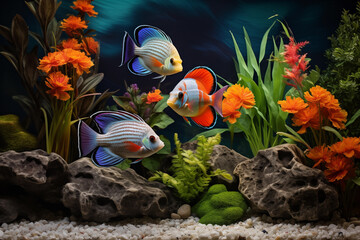 Colorful display of tropical fish swimming gracefully in their aquarium. Generative AI