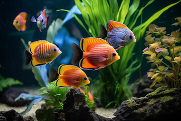 Display of tropical fish swimming gracefully in their aquarium. Generative AI