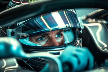 Photo depicting an F1 driver gripping the steering wheel, concentration evident on their face, with the racetrack blurred in the background, conveying intense speed. - obrazy, fototapety, plakaty