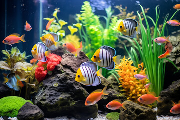 Colorful display of tropical fish swimming gracefully in their aquarium. Generative AI