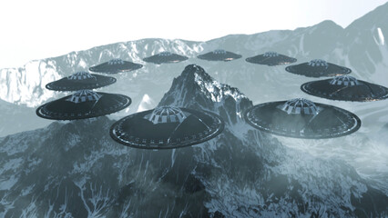 UFO saucers  above mountain top,aerial
Alien sci fi concept, 3d rendering, 4K, 2024
