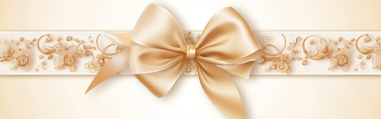 Horizontal light brown ribbon and bow on a romantic background for wedding invitation card greeting card or gift boxes 