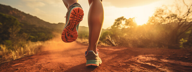Lady or female / woman South-African trail runner running on a forest path with a close-up of the trail running shoes during sunset 