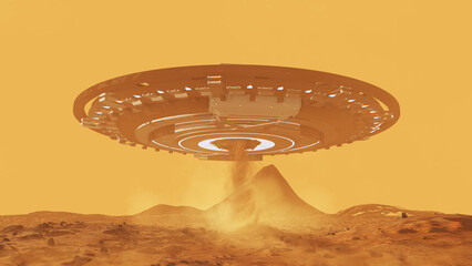 UFO alien spacecraft on mars planet,Sci fi concept,4K, red planet view landscape, 2024