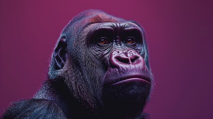 Portrait of a gorilla with a thoughtful expression on a purple background