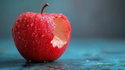 Red apple with water droplets and bite taken out