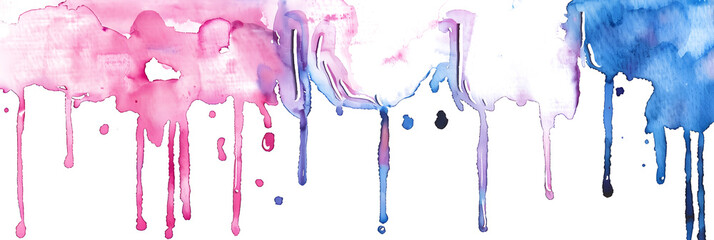 Pink and blue watercolor drips on transparent background.