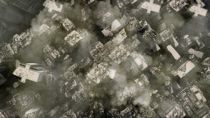 3d rendering-Destroyed city after earthquake or war, aerial 
Cinematic view of Apocalyptic destroyed city, 4K,2024

