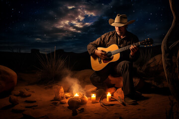 True cowboy kneeling by a campfire under a starry sky and strumming a guitar. Generative AI