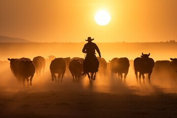 Fototapeta na wymiar Cowboy leading a herd of cattle across a wide-open prairie. Generative AI
