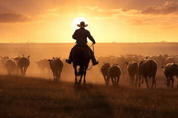 Cowboy leading a herd of cattle across a wide-open prairie. Generative AI