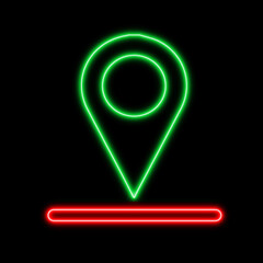  Neon location pin icon. Glowing neon marker sign, outline pointer pictogram
