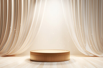 An empty round wooden podium set amidst a soft white blowing drapery curtain drapes with water drops and minimalist background a product display background or wallpaper concept with backlighting 