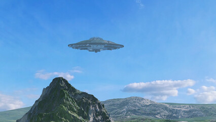Large ufo spacecraft hovering above green mountains, aerial
Alien sci-fi concept,4K,2024
