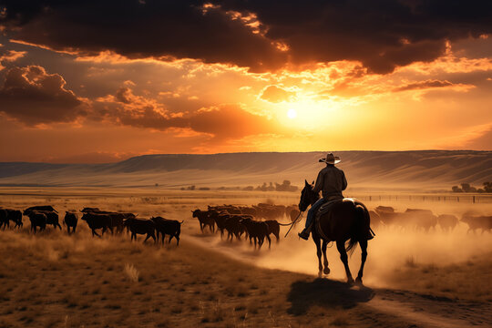 Fototapeta Sunset view of cowboy leading a herd of cattle across a wide-open prairie. Generative AI