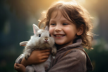 Delighted child giggling as they hold a fluffy rabbit in their arms, her eyes sparkling with joy. Generative AI