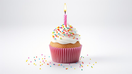A birthday cupcake with sprinkles and colorful candles and an isolated white background 