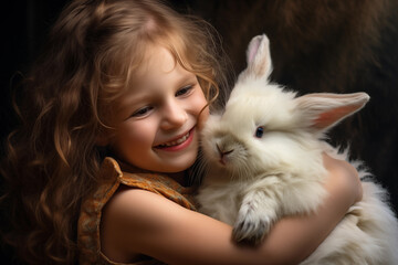 Delighted child giggling as they hold a fluffy rabbit in their arms, her eyes sparkling with joy. Generative AI