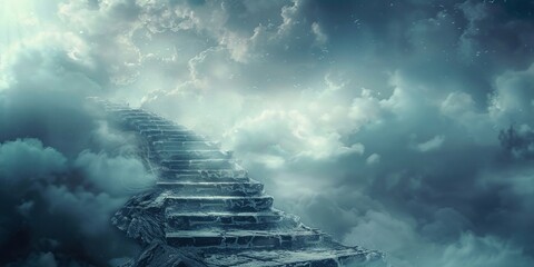 A mystical stairway cloaked in clouds, beckoning towards the peace of heaven - obrazy, fototapety, plakaty