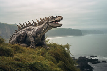 Dinosaur resting on coastal cliffs. Generative AI