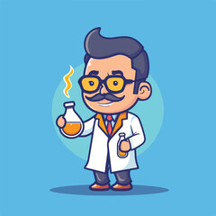 Professor mascot holding chemical liquid bottle