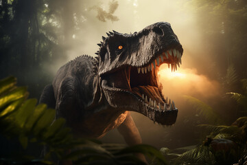 Dinosaur roaring in the jungle, with detailed costume and backlit by sunlight, surrounded by smoke....