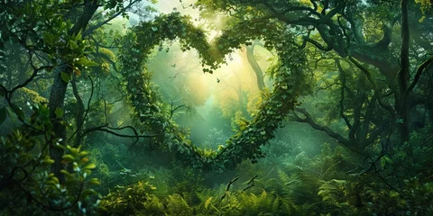 Foto op Plexiglas A nature heart crowned within a lush forest, a scene from a verdant fantasy © ParinApril