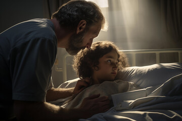 Doctor comforting a young patient in a hospital bed. Generative AI
