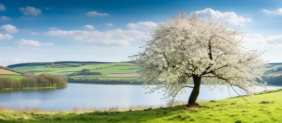 A solitary tree is situated in an open grassy area with a serene pond visible in the distance