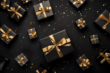 Minimal black and gold background with a small pile of wrapped gift boxes at one side seen from above for a birthday 