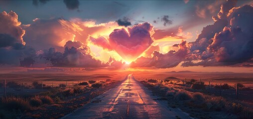A road to destiny under sunset skies, heartshaped clouds guiding the way forward