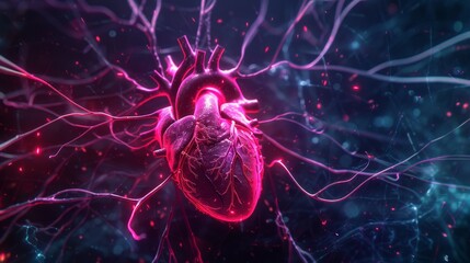 3D digital art of a human heart glowing with neon light within a network of veins and arteries.