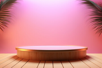 An empty round wooden podium set amidst a pink background and maximalist background a product display background or wallpaper concept with backlighting 