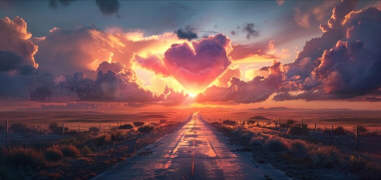 A road to destiny under sunset skies, heartshaped clouds guiding the way forward