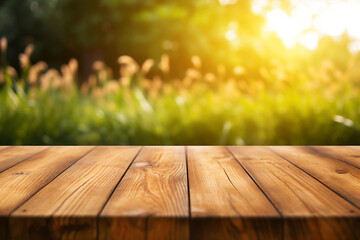 Empty wooden planks or tabletop in front of a blurred bokeh lush grass nature environment and maximalist background a product display background or wallpaper concept with backlighting 