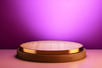 An empty round wooden podium set amidst a purple background and maximalist background a product display background or wallpaper concept with front-lighting 