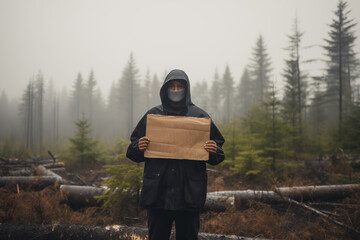 Environmental activist holding a placard in front of a deforested area. Generative AI