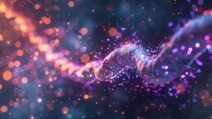 Futuristic 3D illustration of a DNA strand surrounded by sparkling particles, symbolizing genetics and biotechnology. - obrazy, fototapety, plakaty