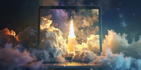 A rocket launch on a laptop screen, showcasing the rapid pace of technological innovation - obrazy, fototapety, plakaty