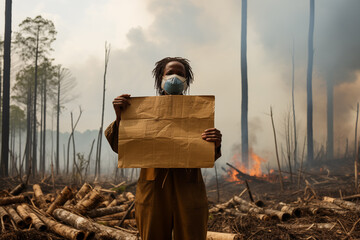 Environmental activist holding a placard in front of a deforested area. Generative AI