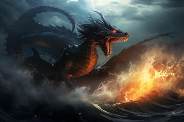 Epic dragon attacking amid stormy seas. Generative AI