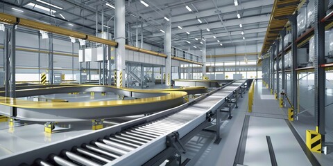 A symphony of conveyors operates within the warehouse, showcasing the pinnacle of logistics automation - obrazy, fototapety, plakaty