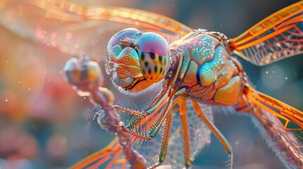 Detailed close up of dragonfly with iridescent wings in ultrarealistic photographic style - obrazy, fototapety, plakaty