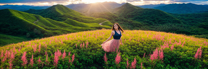 Floral Hillsides: Captivating Girl Amidst the Blossoms - obrazy, fototapety, plakaty