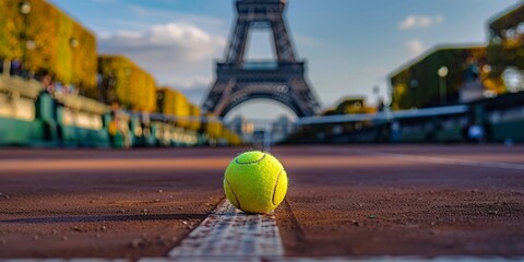 A tennis ball in focus with the Eiffel Tower looming in the background, Paris in play - obrazy, fototapety, plakaty