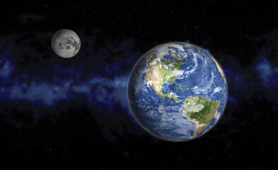 Earth and moon in outer space. High quality 3d rendering. Elements of this image provided by NASA