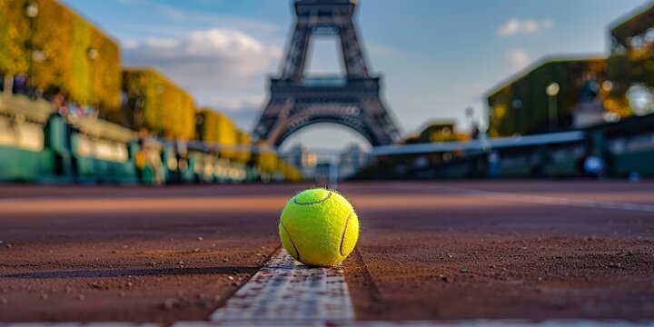 A tennis ball in focus with the Eiffel Tower looming in the background, Paris in play
