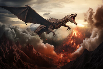 Epic dragon flying over a volcanic crater. Generative AI
