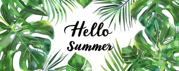 "Hello summer" text, with palm leaves and monstera leaves pattern on a white background
