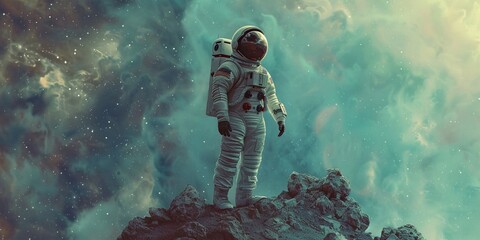 An astronaut, encapsulated by the desolation of space, pushes the boundaries of exploration - obrazy, fototapety, plakaty
